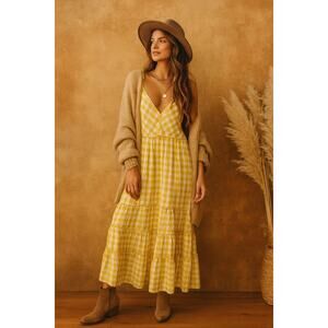 Free People Yellow Gingham Maxi Dress | Boho Western Tiered Ruffle | Large